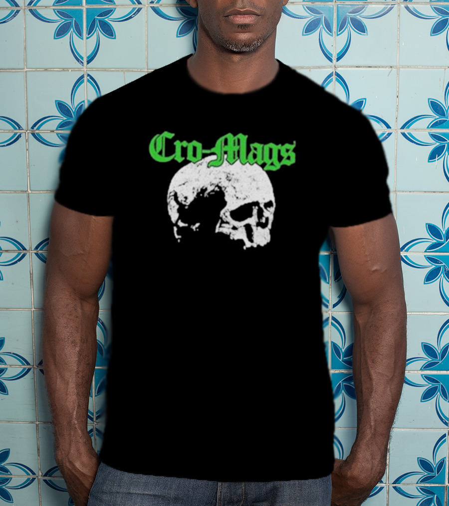Cro Mags Green Text White Skull T-Shirt