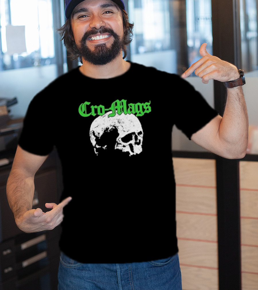 Cro Mags Green Text White Skull T-Shirt
