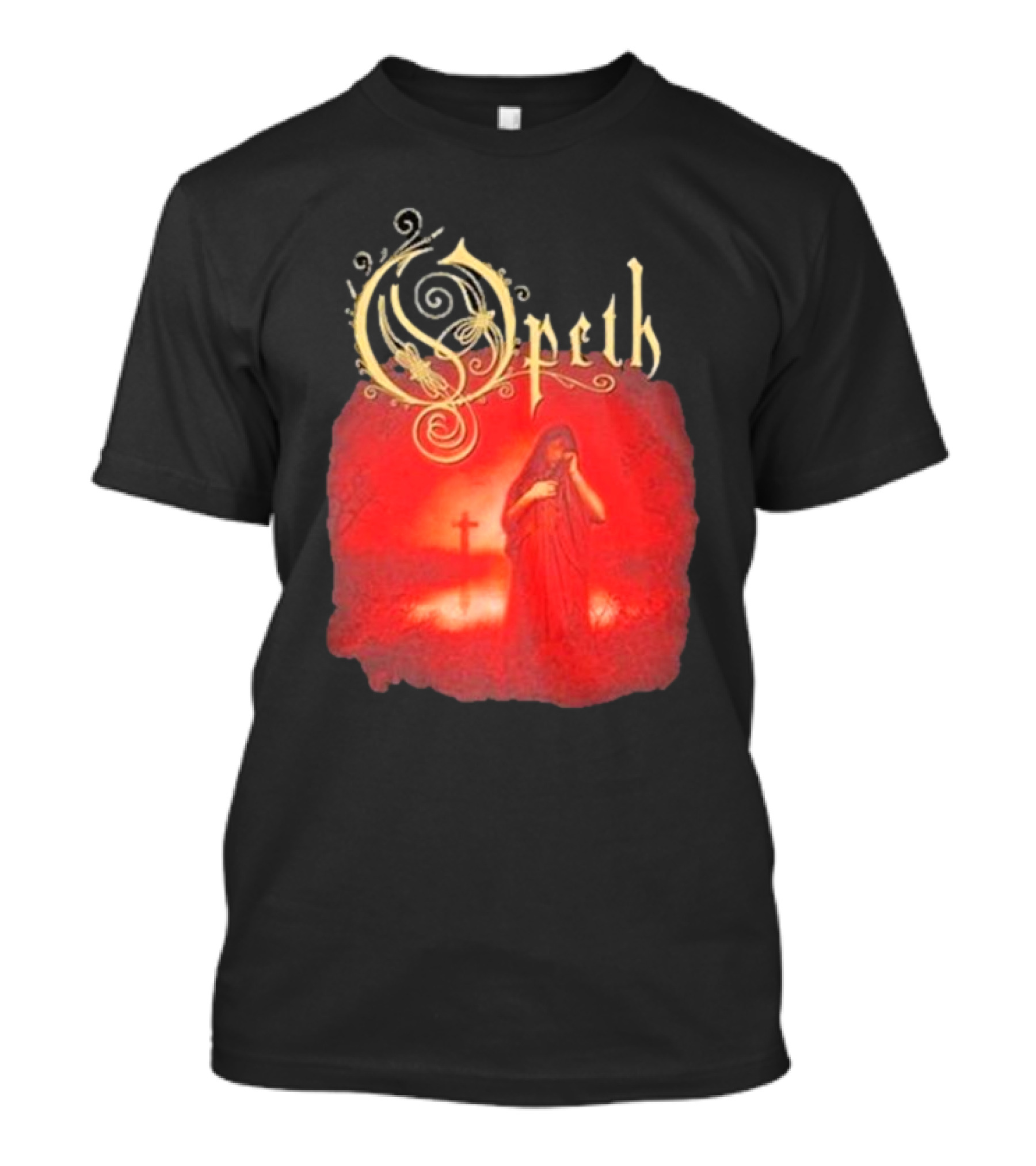 Opeth Still Life Gothic Red Cloaked Figure And Cross T-Shirt