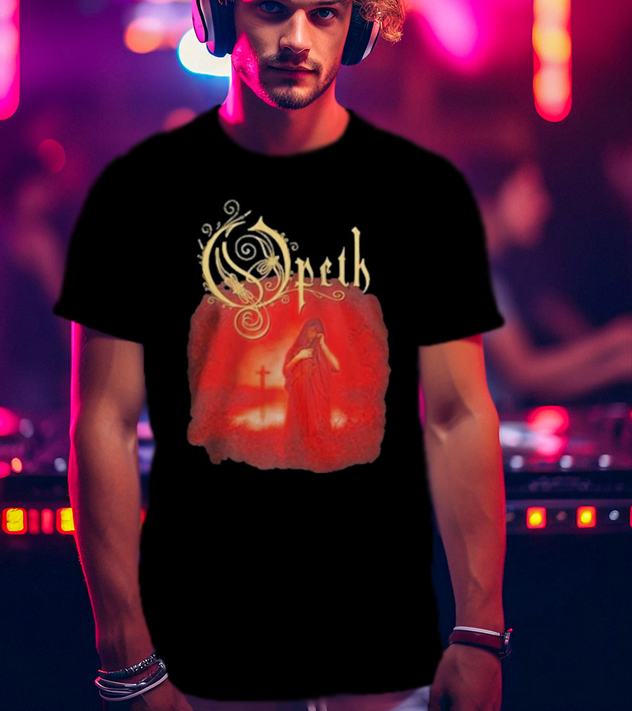 Opeth Still Life Gothic Red Cloaked Figure And Cross T-Shirt