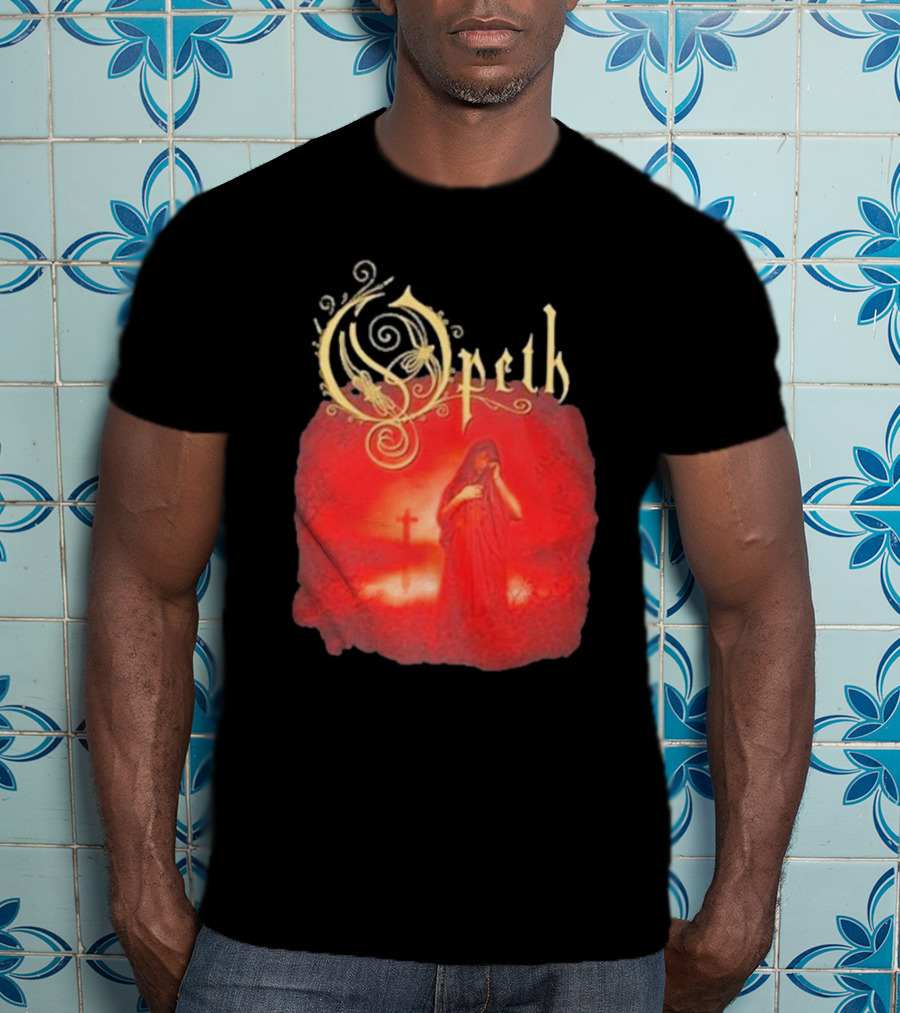 Opeth Still Life Gothic Red Cloaked Figure And Cross T-Shirt