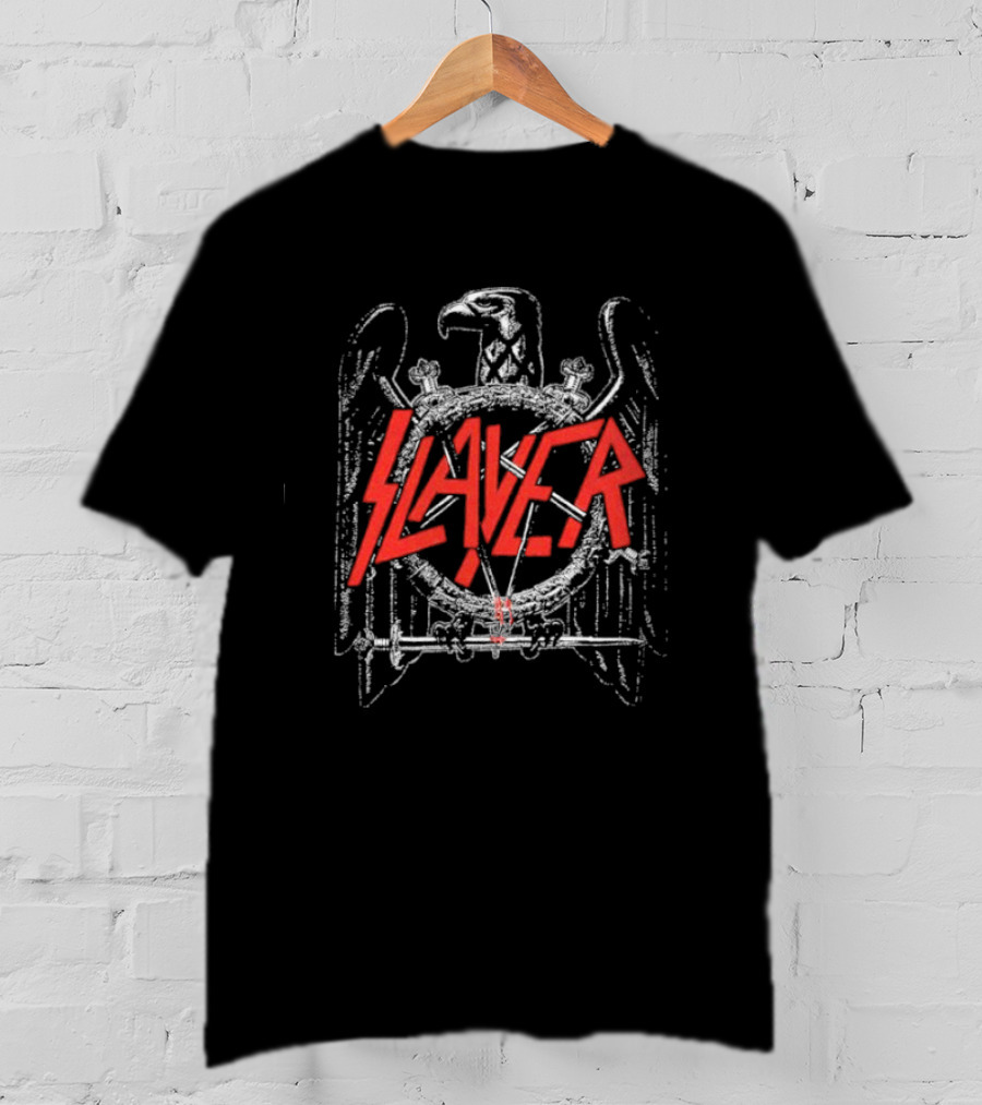 Slayer Black Eagle Logo With Red Text And Crossed Swords T-Shirt