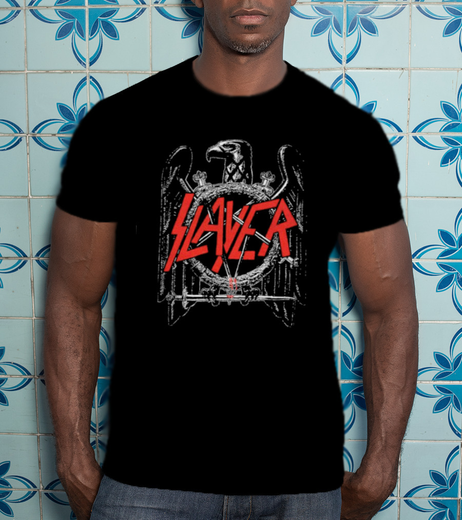 Slayer Black Eagle Logo With Red Text And Crossed Swords T-Shirt