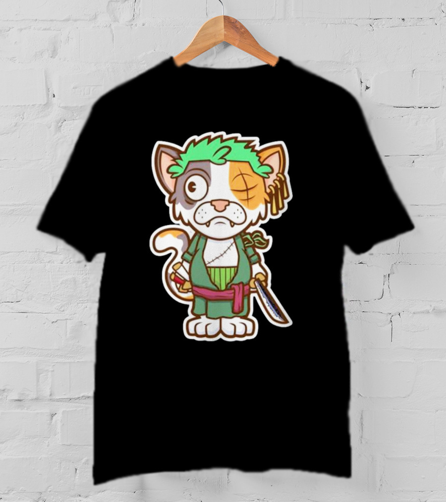 Roronoa Lingling Cat Pirate Anime Character Sword Green Hair Eye Patch T-Shirt