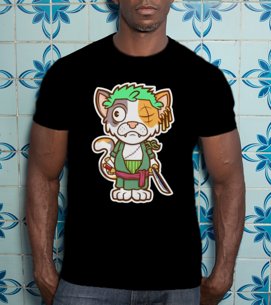 Roronoa Lingling Cat Pirate Anime Character Sword Green Hair Eye Patch T-Shirt