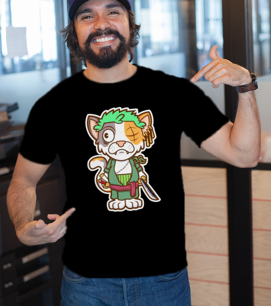 Roronoa Lingling Cat Pirate Anime Character Sword Green Hair Eye Patch T-Shirt