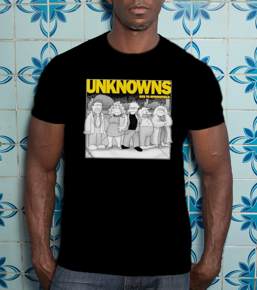 Unknowns Bus To Springfield Cartoon Characters In Black And White Scene T-Shirt