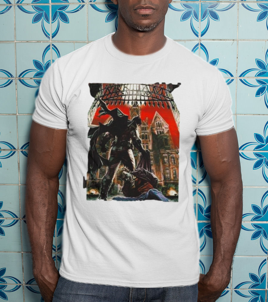 Batman Arkham Asylum Gothic Gate Dynamic Red Background Scene T-Shirt