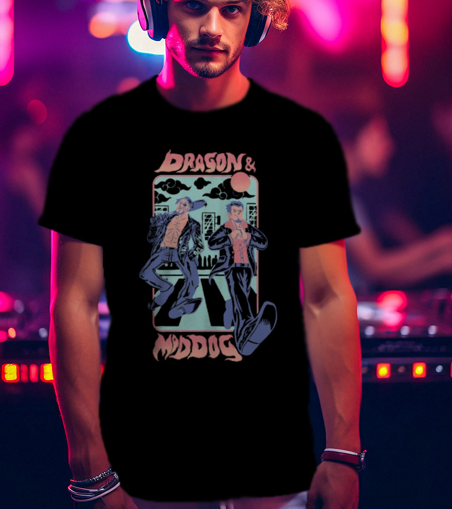 Dragon And Mad Dog Retro Cartoon Nighttime Adventure T-Shirt