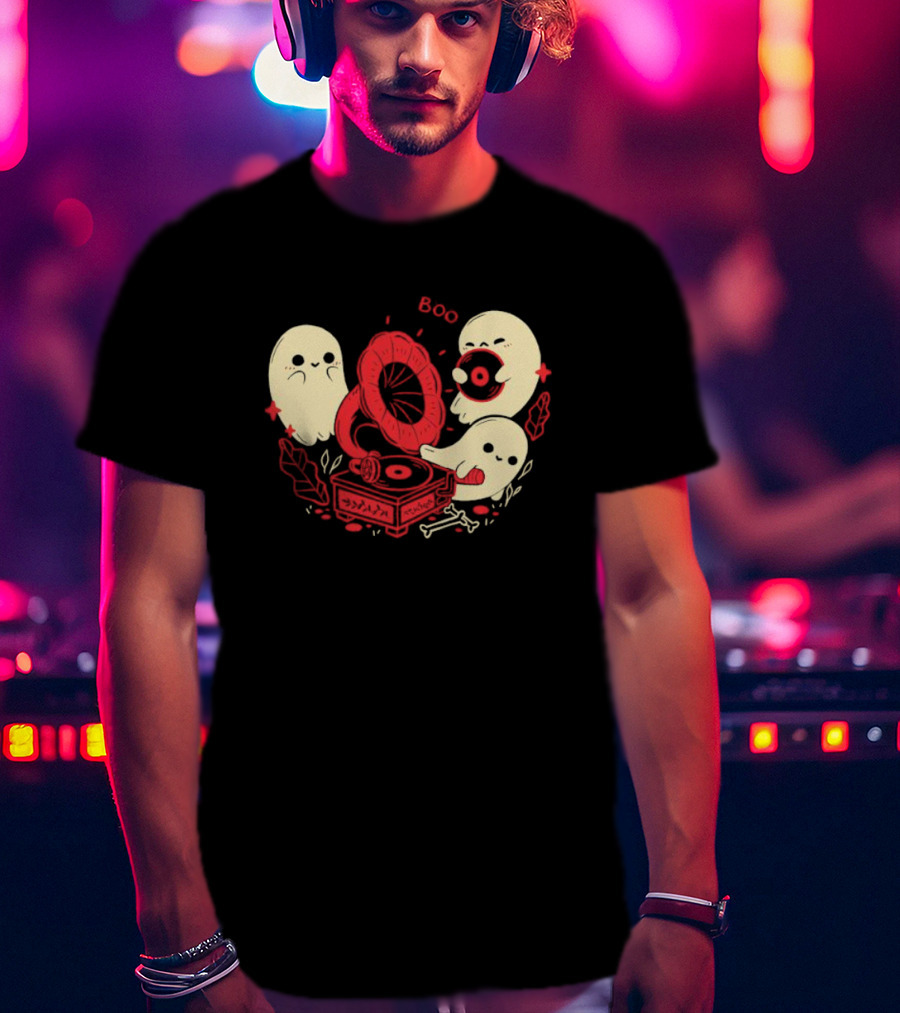 Boo Cute Gramophone Record Spooky Ghosts T-Shirt