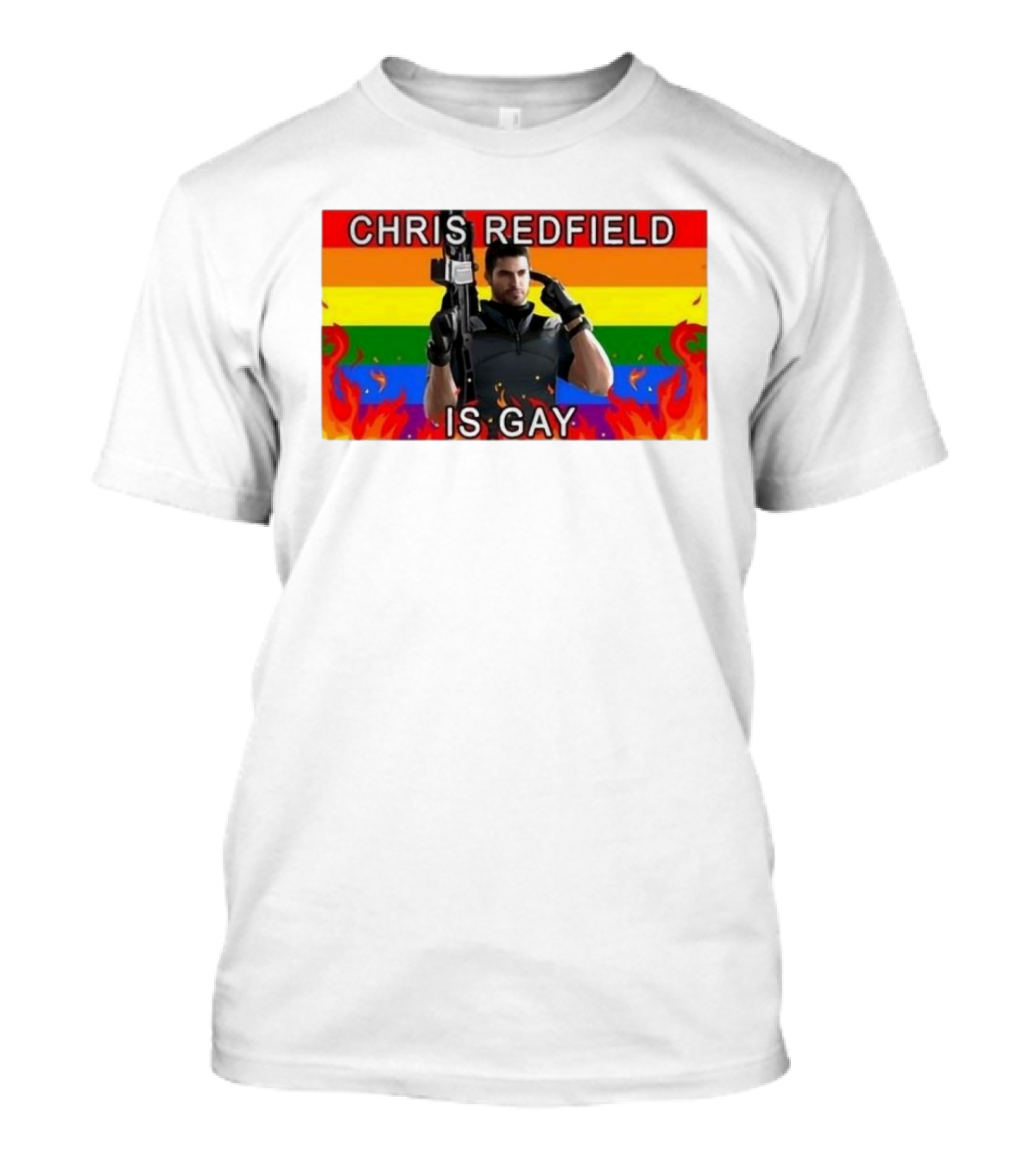 Chris Redfield Is Gay Rainbow Background Flames T-Shirt