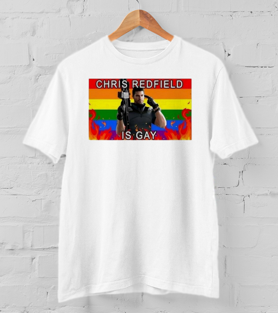 Chris Redfield Is Gay Rainbow Background Flames T-Shirt