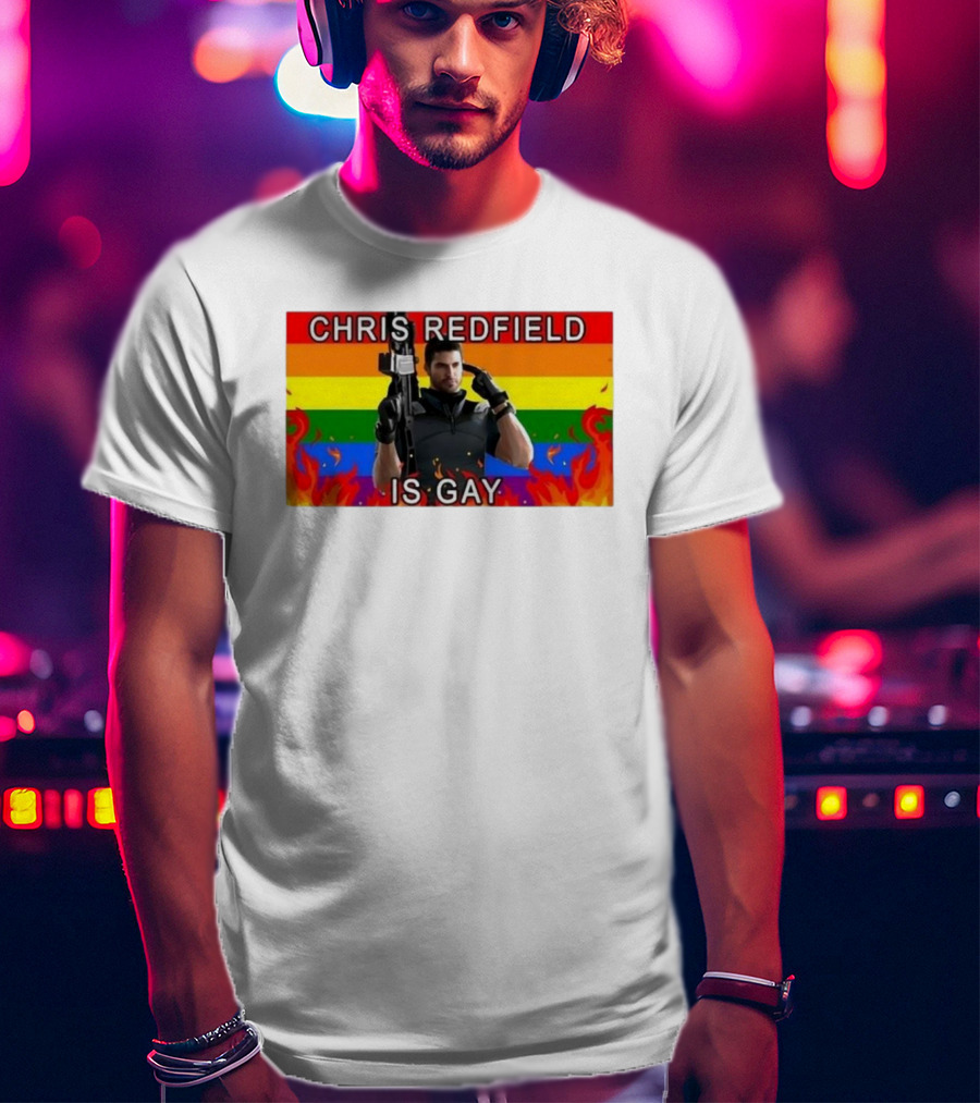 Chris Redfield Is Gay Rainbow Background Flames T-Shirt