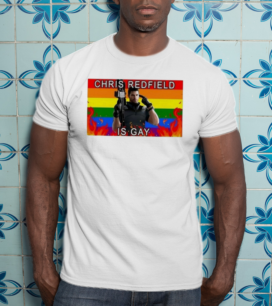 Chris Redfield Is Gay Rainbow Background Flames T-Shirt
