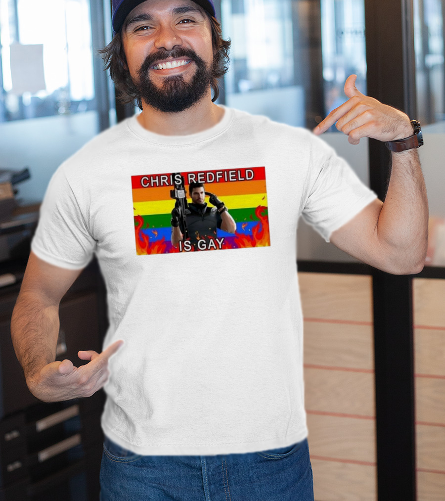 Chris Redfield Is Gay Rainbow Background Flames T-Shirt
