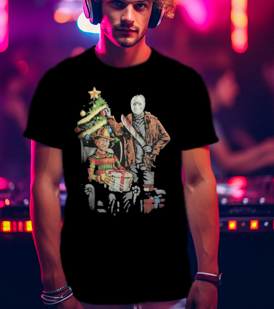Jason Voorhees Freddy Krueger Christmas Horror Icons Holiday Scene T-Shirt