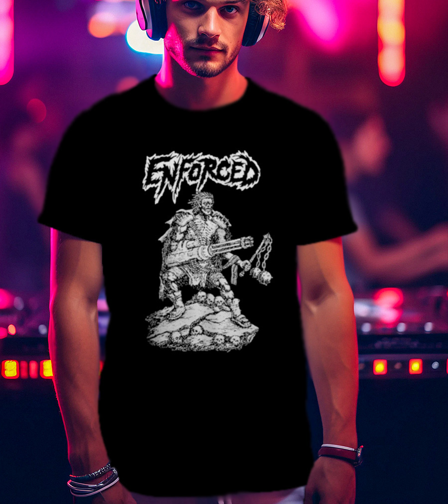 Enforced Sacrament Warrior With Spiked Chains And Machine Gun On Skull Mound T-Shirt