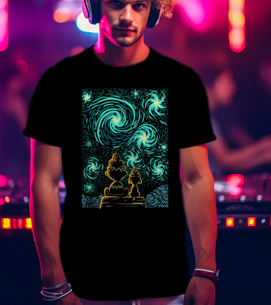 Peanuts Snoopy And Charlie Brown Starry Winter Night Scene T-Shirt