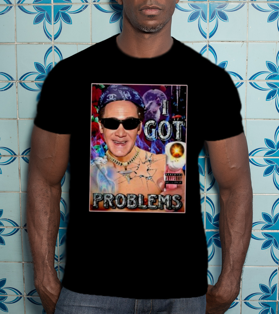 The Jersey Outlaw I Got Problems Colorful Portrait With Sunglasses And Explosive Background T-Shirt