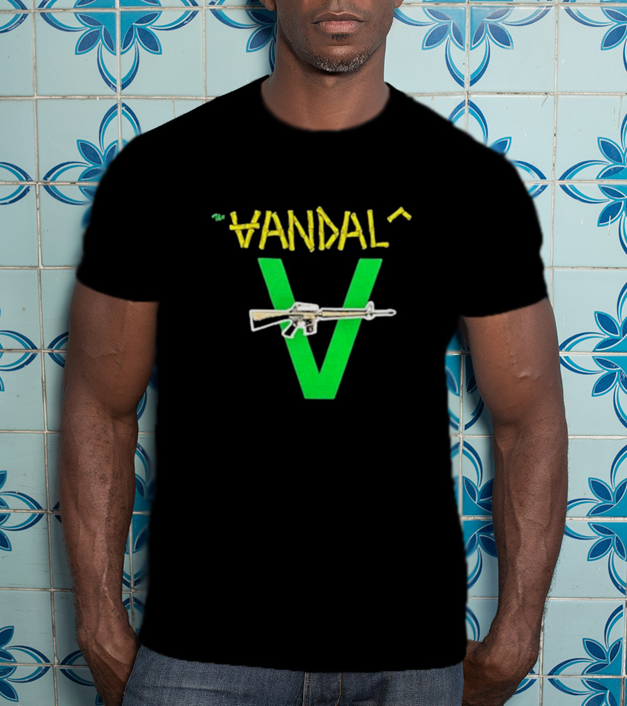 The Vandals Yellow Text Green V Rifle Image T-Shirt