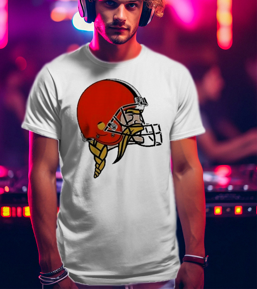 Quality Jay Cuda Browns Vikings Dual Logo Helmet T-Shirt