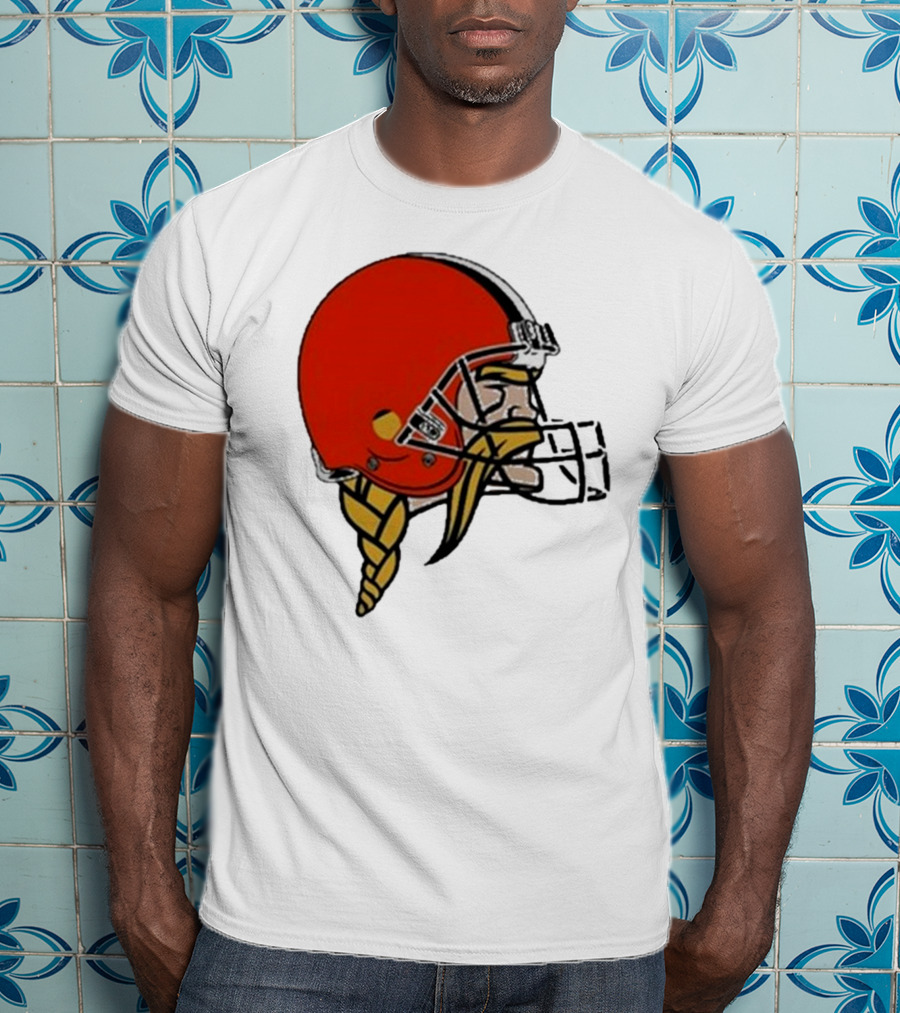 Quality Jay Cuda Browns Vikings Dual Logo Helmet T-Shirt