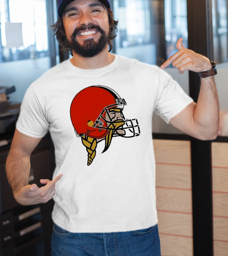 Quality Jay Cuda Browns Vikings Dual Logo Helmet T-Shirt