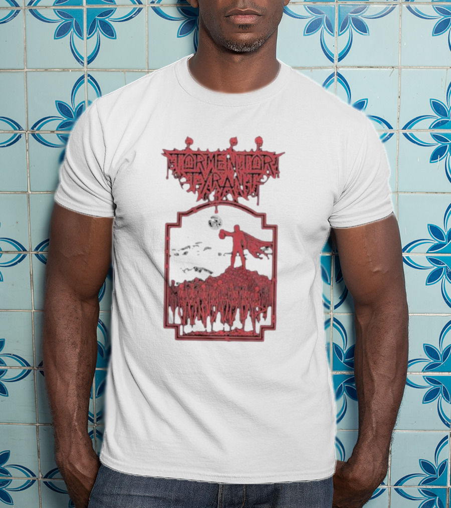 Tormentor Tyrant Red Figure Standing Amidst Crowd Under Moon T-Shirt