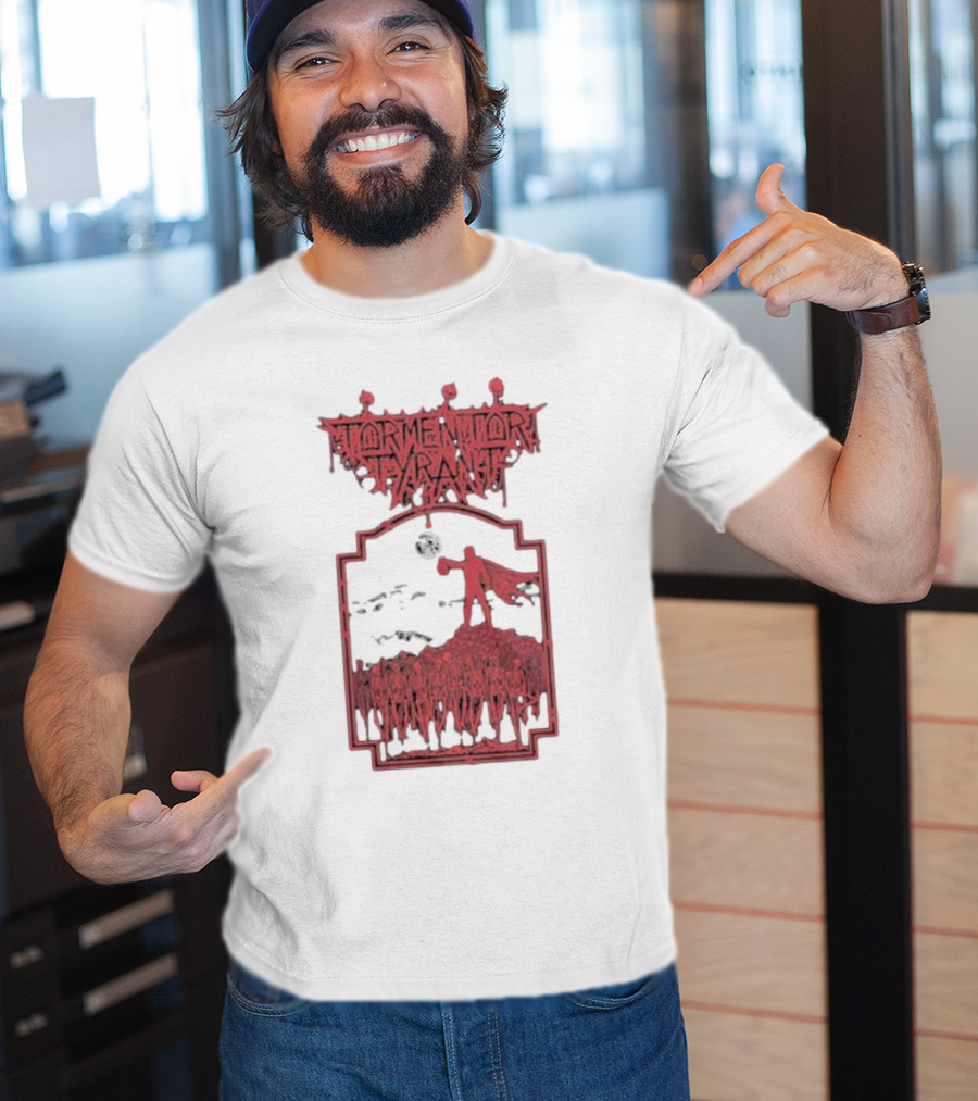 Tormentor Tyrant Red Figure Standing Amidst Crowd Under Moon T-Shirt