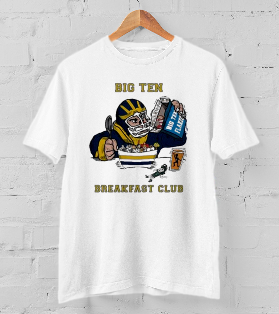 Big Ten Breakfast Club Michigan Wolverines Player Eating Cereal With Blue Box And Orange Cup T-Shirt