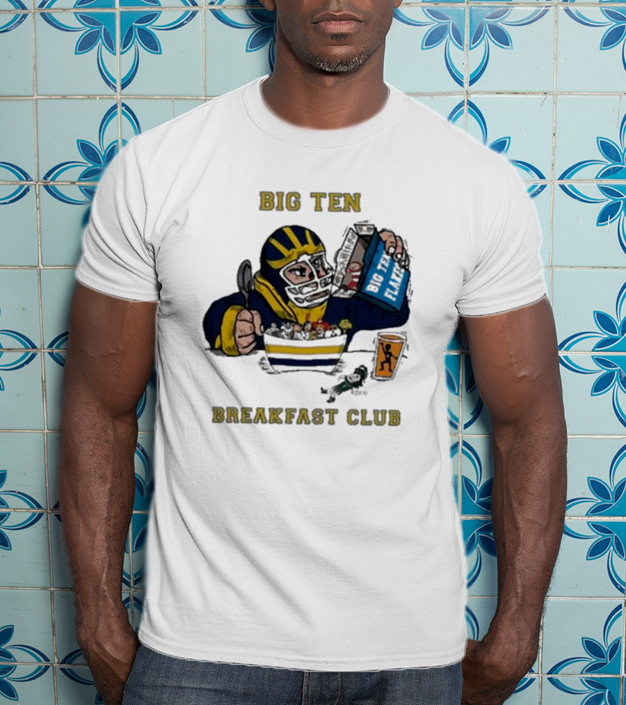 Big Ten Breakfast Club Michigan Wolverines Player Eating Cereal With Blue Box And Orange Cup T-Shirt