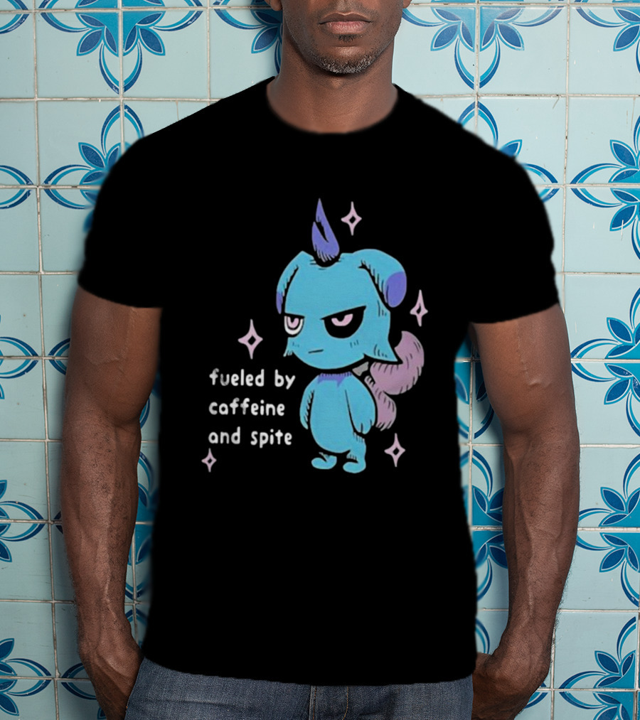 Palworld Fueled By Caffeine And Spite Blue Creature With Pink Stars T-Shirt