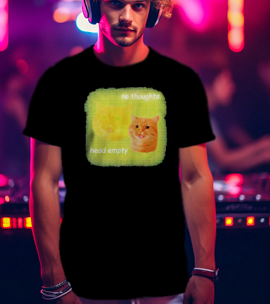 No Thoughts Head Empty Cat Meme Green Background T-Shirt