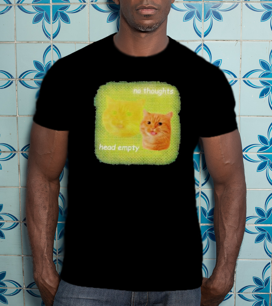 No Thoughts Head Empty Cat Meme Green Background T-Shirt