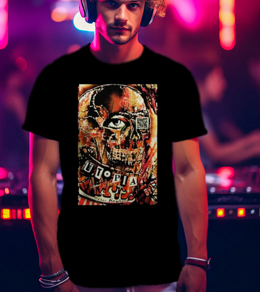 Utopia Means Nowhere Glitched Skull Collage With Eye And QR Code T-Shirt
