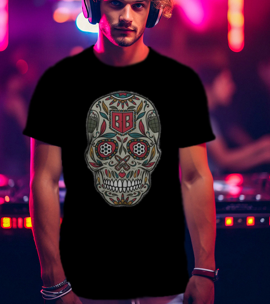 Bunker Branding BB Calaveras Skull Design With Grenades And Crossed Guns T-Shirt