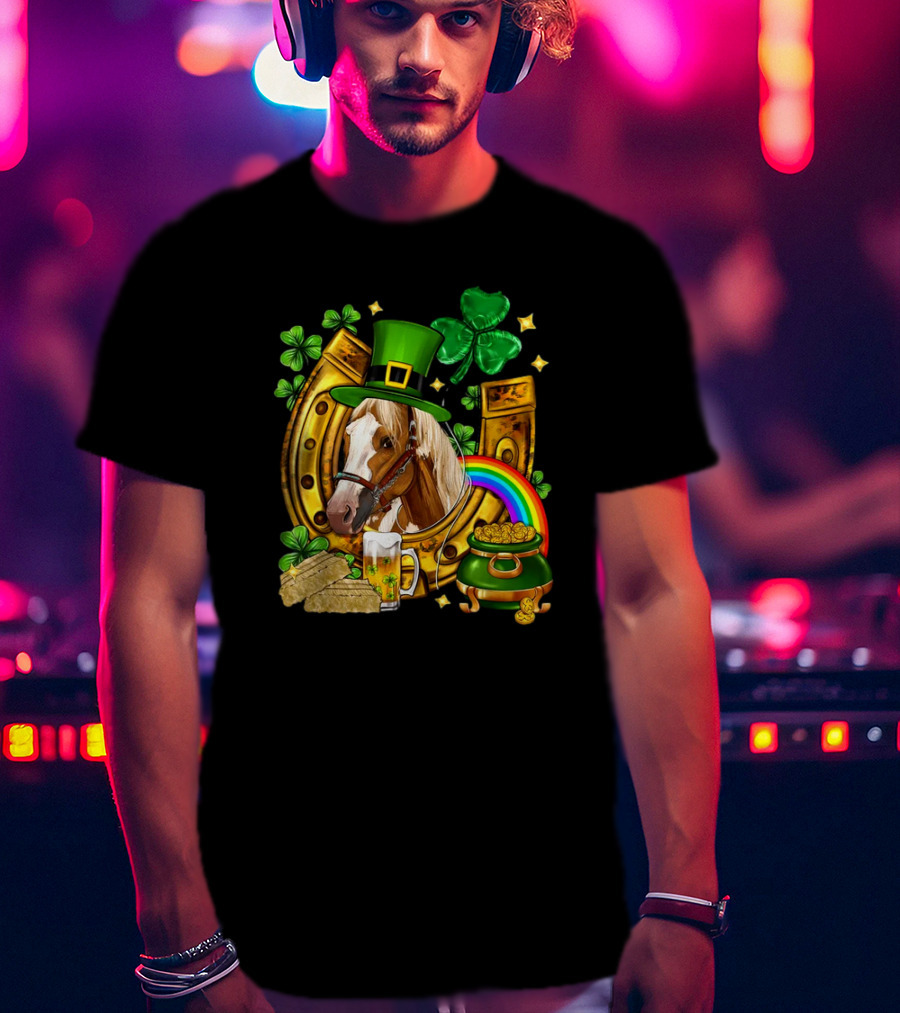 Horse Luck Gold Leprechaun Hat Shamrock Horseshoe Pot Of Gold Rainbow T-Shirt