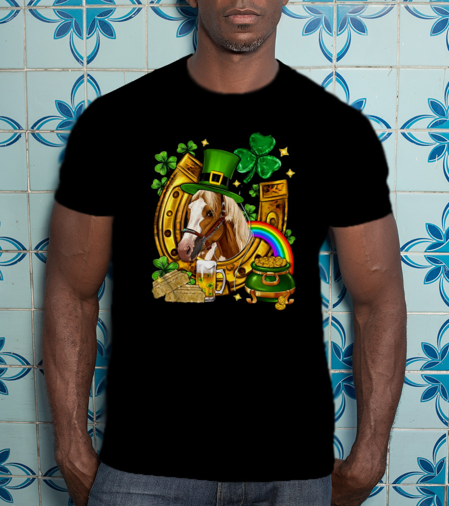 Horse Luck Gold Leprechaun Hat Shamrock Horseshoe Pot Of Gold Rainbow T-Shirt
