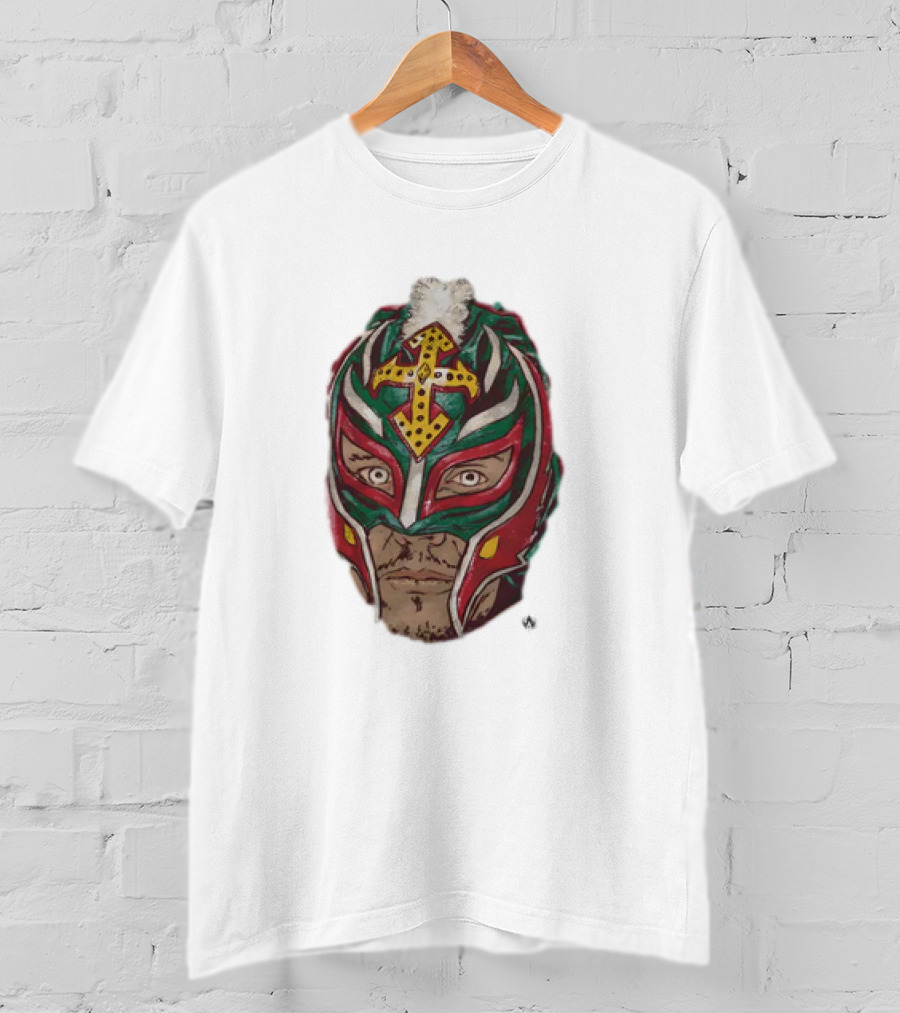Men's Black Rey Mysterio Mask Face With Colorful Wrestling Headdress And Cross T-Shirt