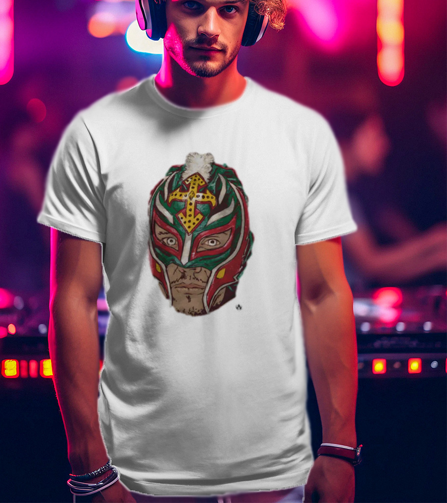 Men's Black Rey Mysterio Mask Face With Colorful Wrestling Headdress And Cross T-Shirt