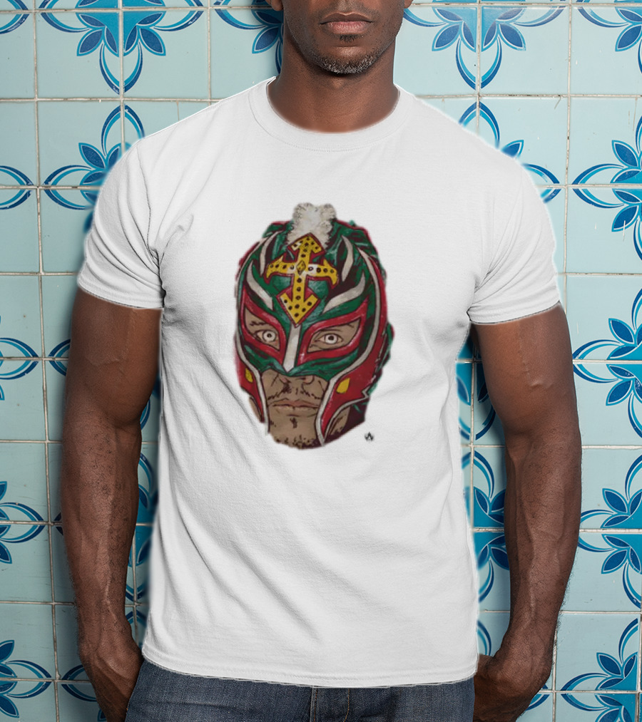Men's Black Rey Mysterio Mask Face With Colorful Wrestling Headdress And Cross T-Shirt