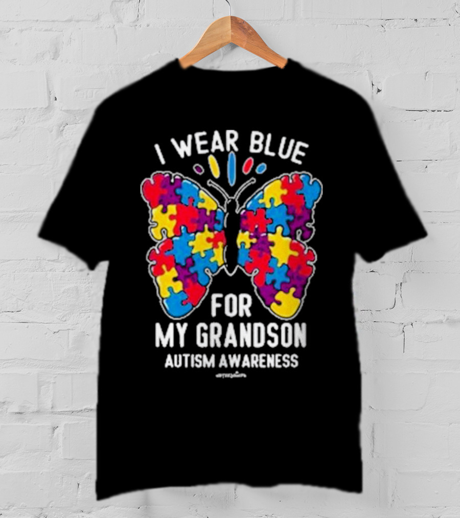 I Wear Blue Butterfly Puzzle My Grandson Autism Awareness T-Shirt