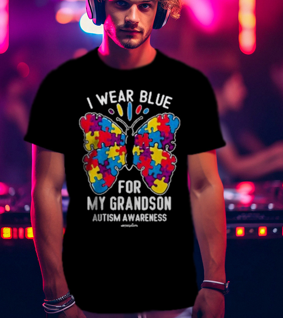 I Wear Blue Butterfly Puzzle My Grandson Autism Awareness T-Shirt