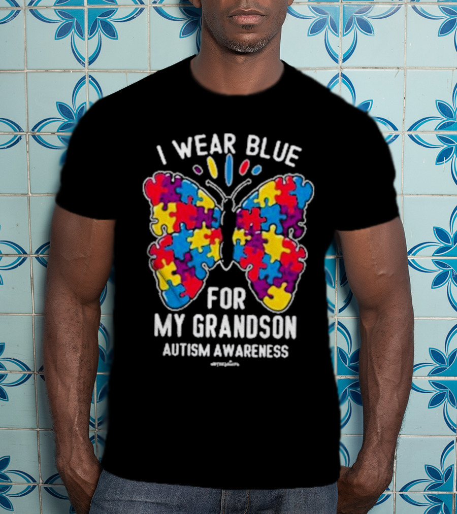 I Wear Blue Butterfly Puzzle My Grandson Autism Awareness T-Shirt
