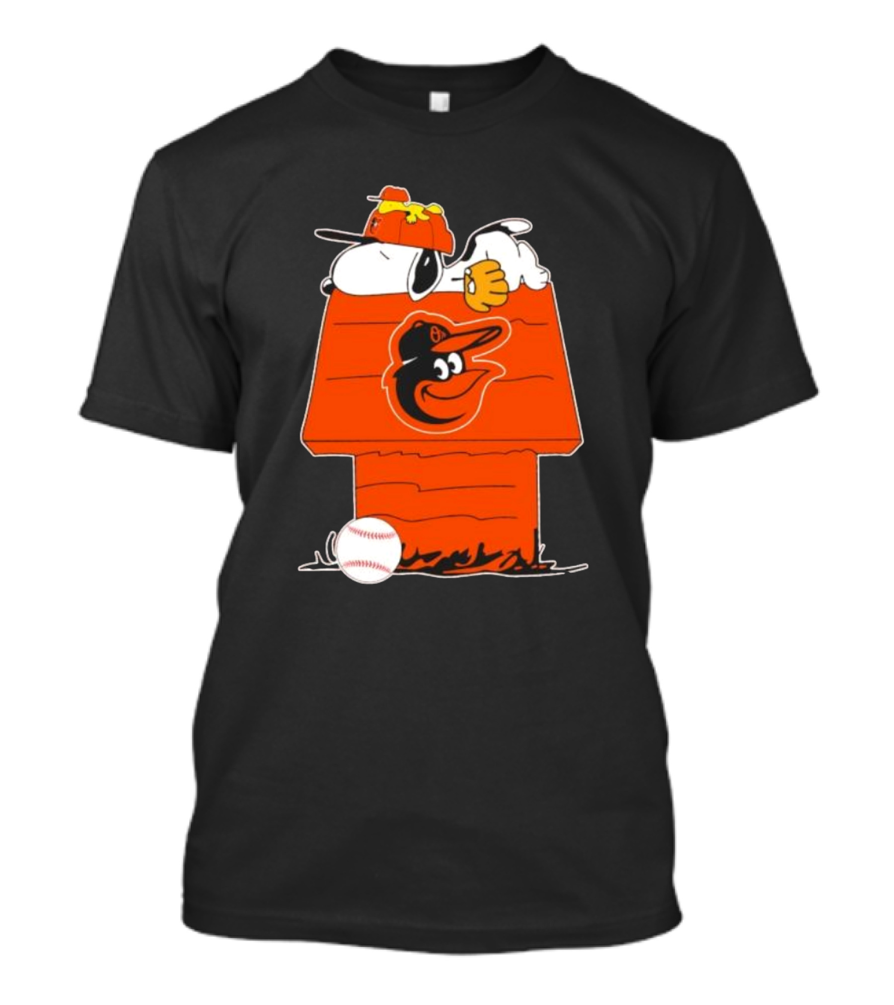Snoopy And Woodstock Sleeping On Baltimore Orioles Themed Doghouse With Baseball T-Shirt
