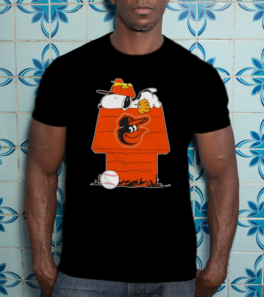 Snoopy And Woodstock Sleeping On Baltimore Orioles Themed Doghouse With Baseball T-Shirt