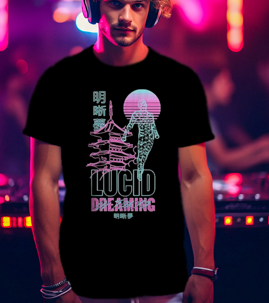 Lucid Dreaming Tokyo Japan Neon Pagoda And Wireframe Figure T-Shirt