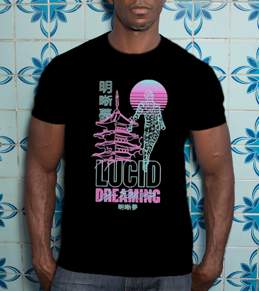 Lucid Dreaming Tokyo Japan Neon Pagoda And Wireframe Figure T-Shirt