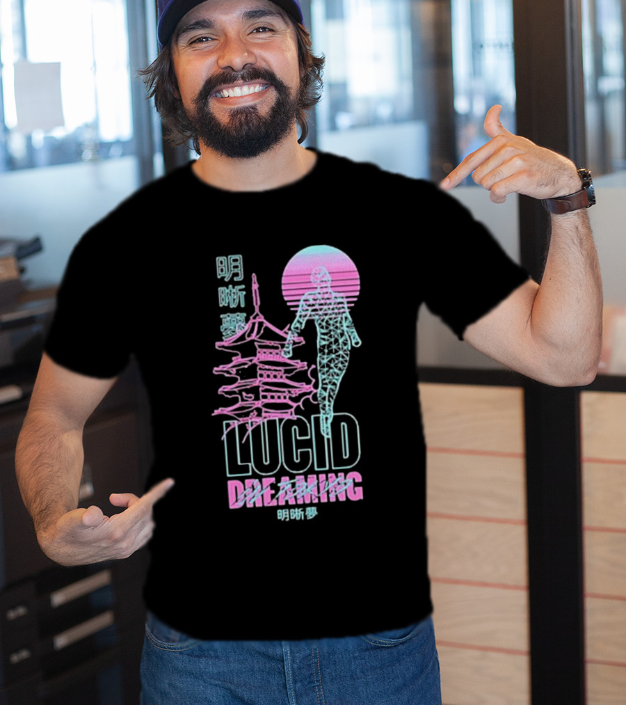 Lucid Dreaming Tokyo Japan Neon Pagoda And Wireframe Figure T-Shirt