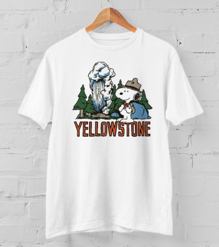 Peanuts Snoopy Yellowstone Camping Scene With Geyser And Forest T-Shirt